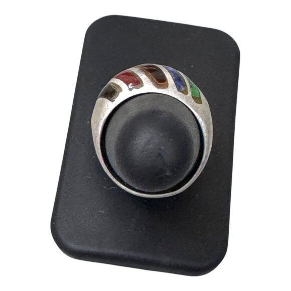 Vtg Sterling Silver 925 Multi Gemstone Inlay Band Ring Tigers Eye Malachite Sz 6 - Picture 7 of 10